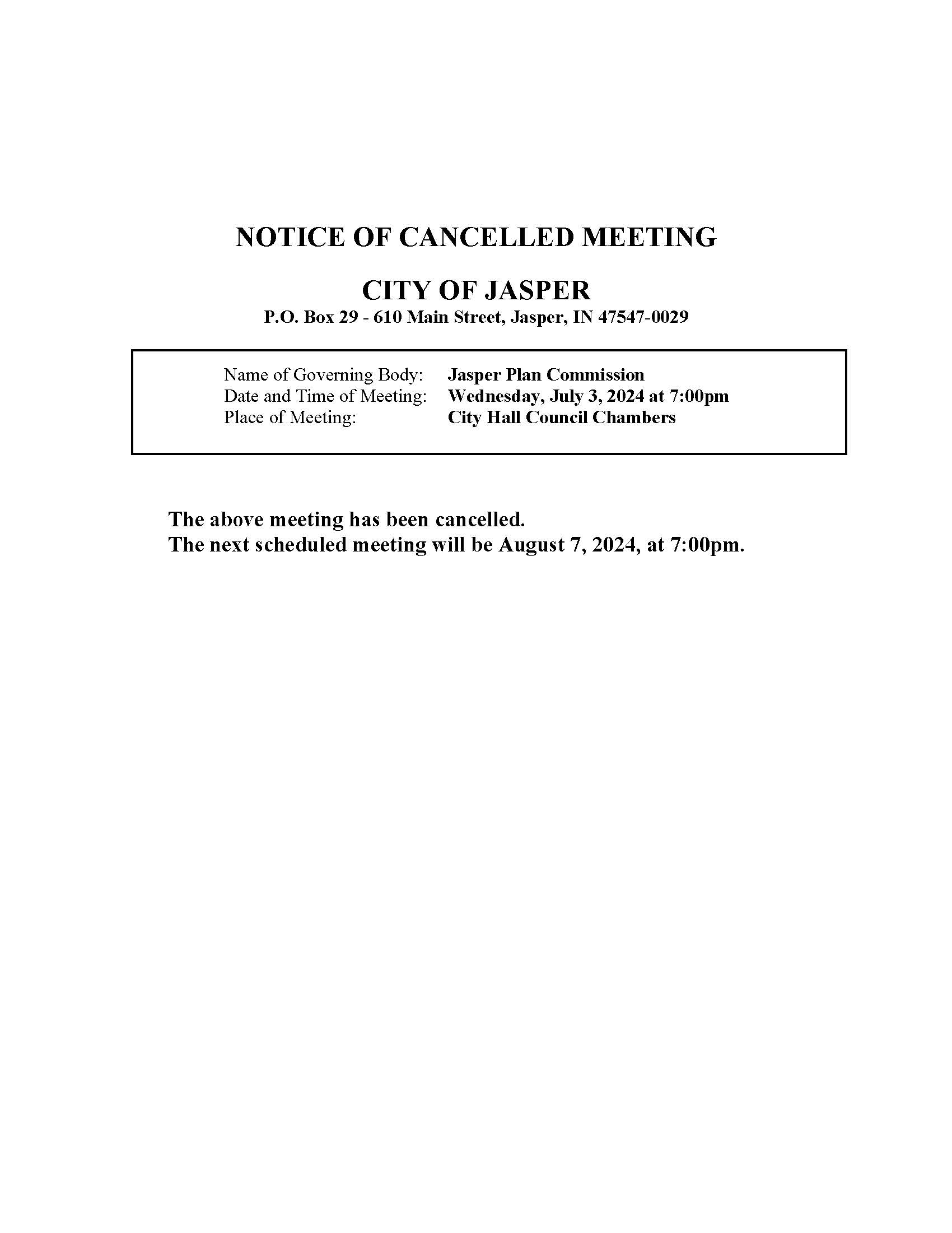 Cancelled Meeting Notice - JPC 7.3.24